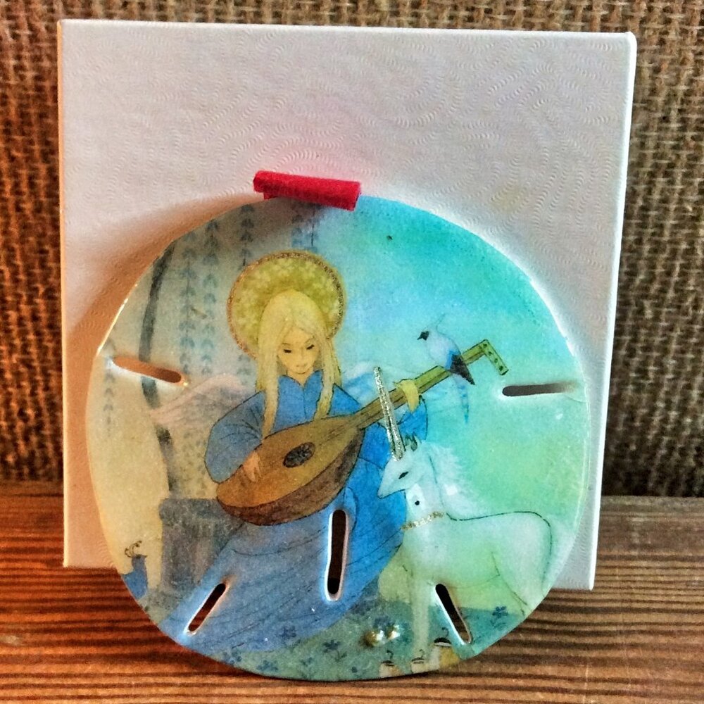 Vintage Sand Dollar Ornament Angel Playing Lute with Unicorn Blue Pastel Fantasy